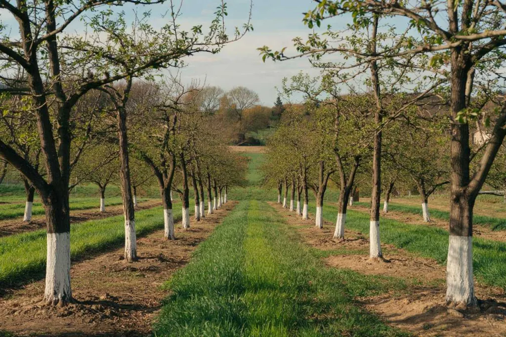 Ухоженный сад с побеленными известью деревьями