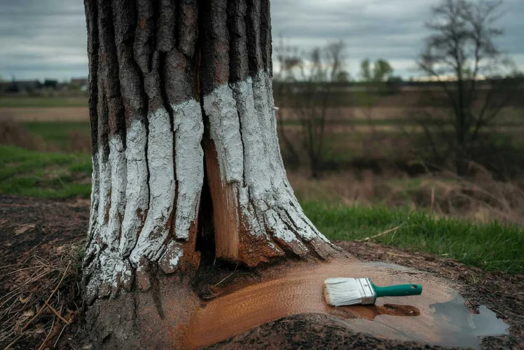 Неправильно побеленный ствол дерева с потеками