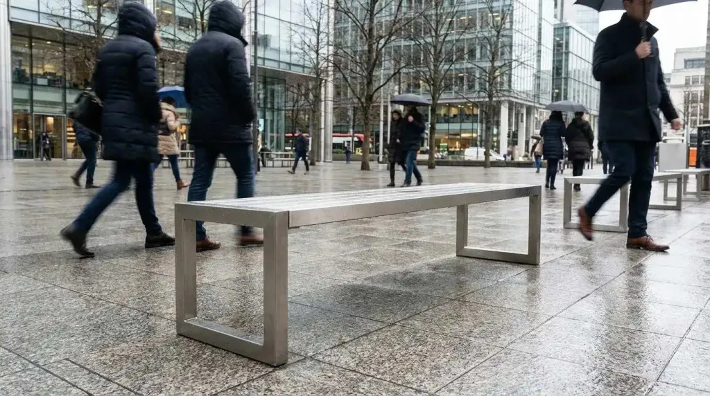 Лаконичная городская скамейка без спинки на пешеходной площади мегаполиса