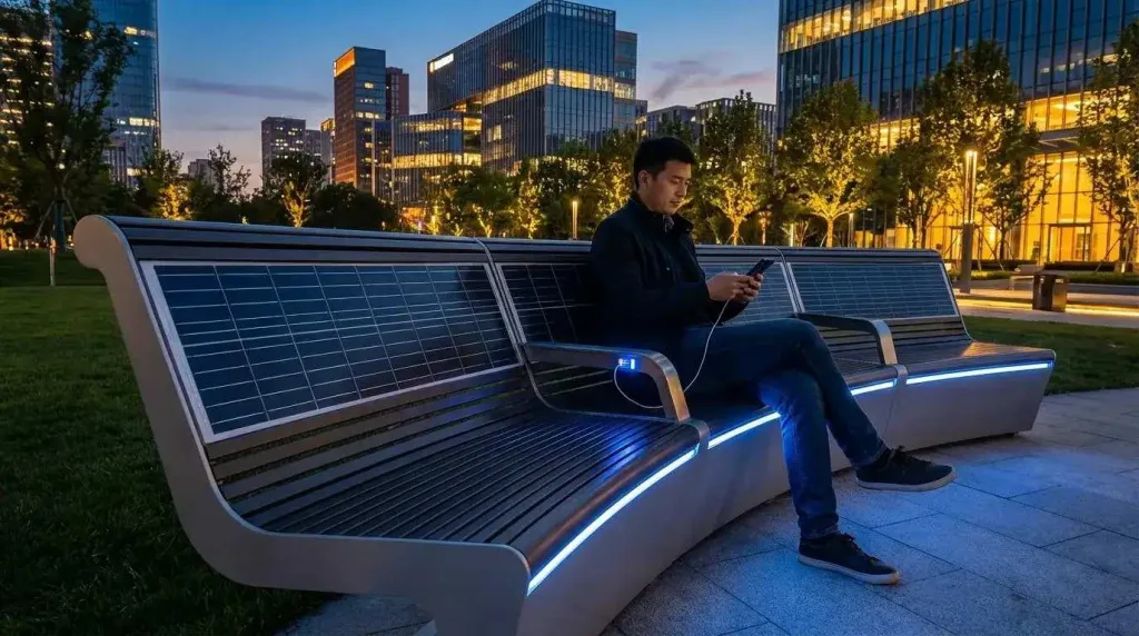 Умная скамейка с солнечной батареей, USB-зарядкой и LED-подсветкой в городском парке
