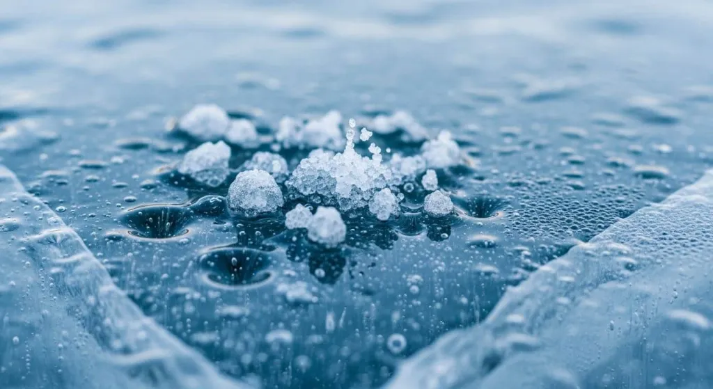 Гранулы химического антигололедного реагента на льду