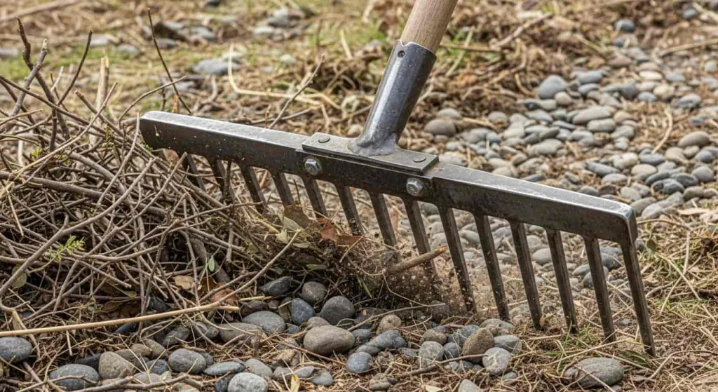 Прочные металлические грабли для уборки тяжелого мусора.