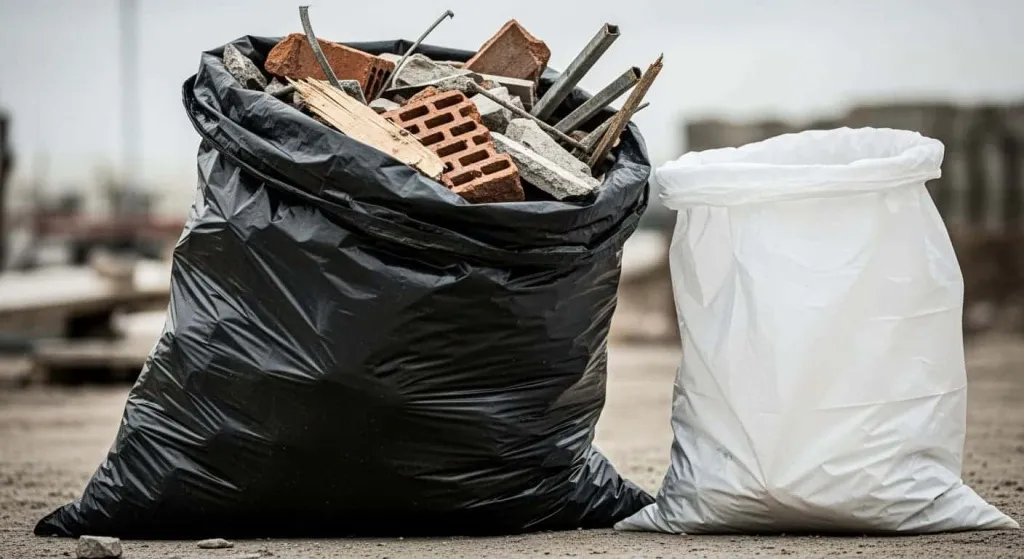 Очень плотный черный мешок для мусора, наполненный острым строительным мусором.