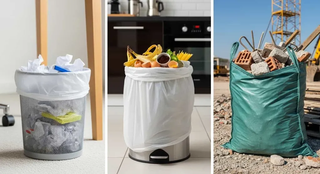 	Примеры использования мусорных пакетов разной плотности для офиса, кухни и стройки.