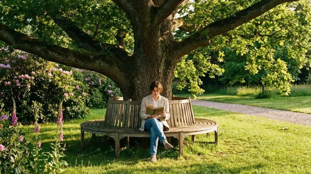 Удобная парковая скамейка с анатомической спинкой в тенистой зоне отдыха