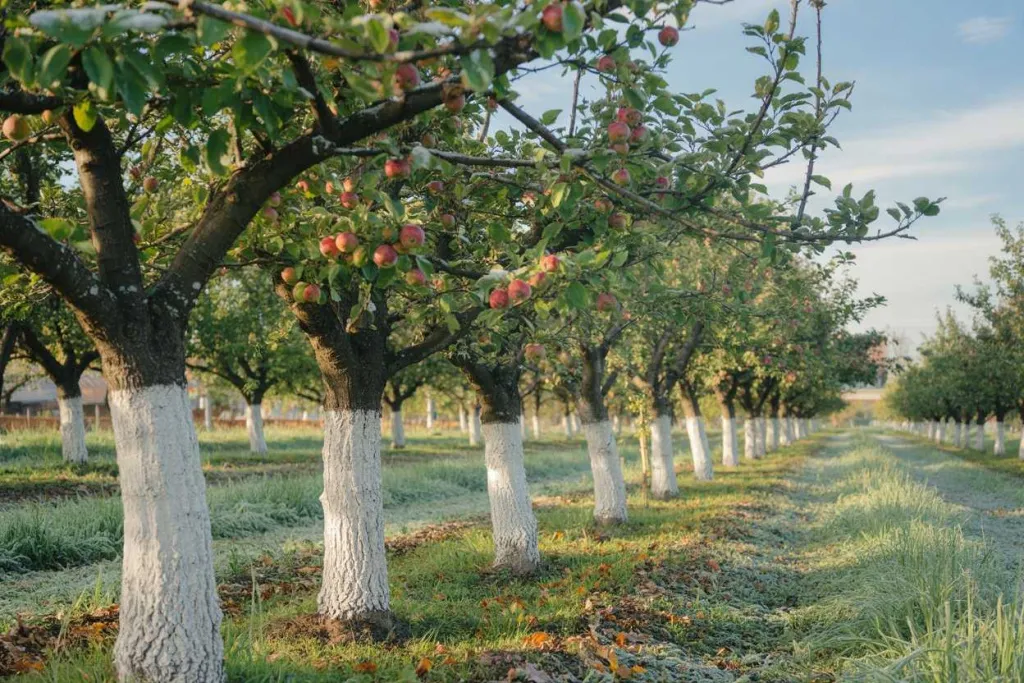Побеленные известью стволы деревьев в саду