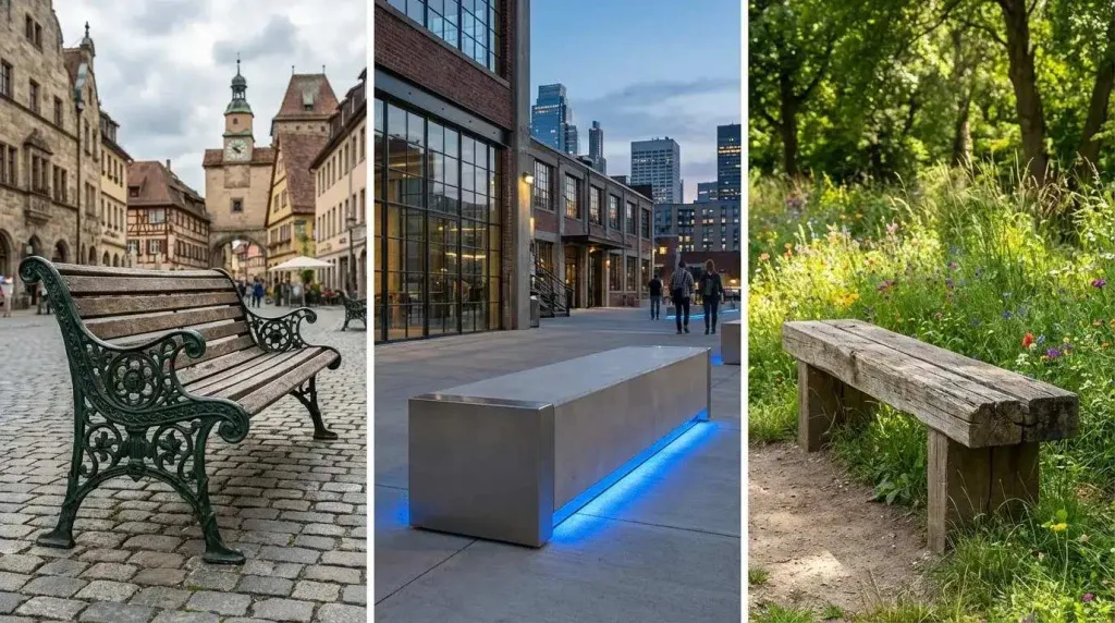 Стили уличных скамеек: классическая чугунная, лофт из бетона с подсветкой, эко из грубого дерева.