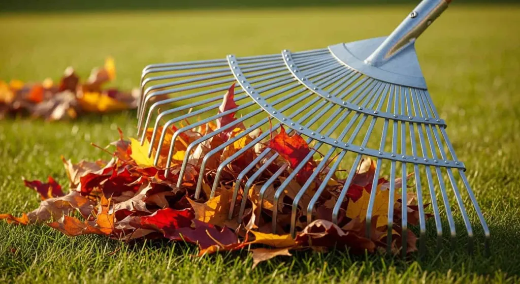 Веерные грабли с гибкими зубьями сгребают листья.