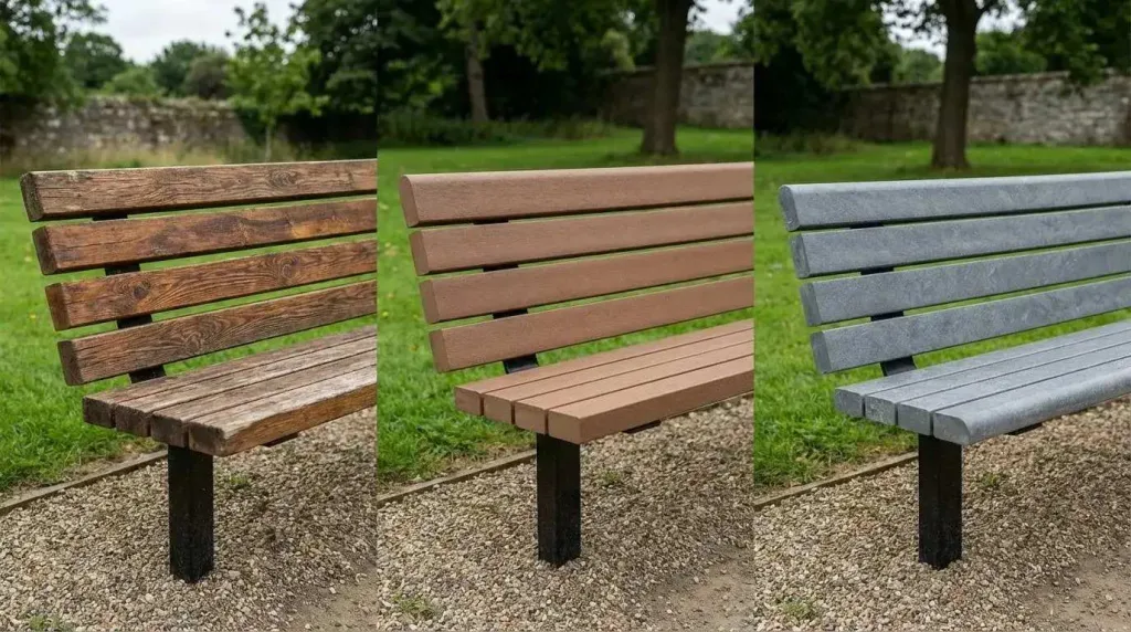 Сравнение сидений скамеек из натурального дерева, ДПК и переработанного пластика