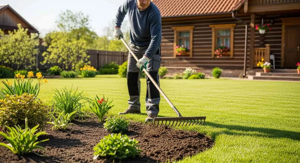 Человек выравнивает землю граблями на клумбе.