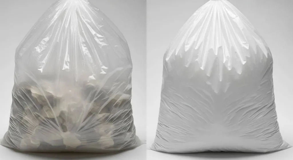Крупный план, показывающий разницу текстур мусорных мешков из HDPE и LDPE.