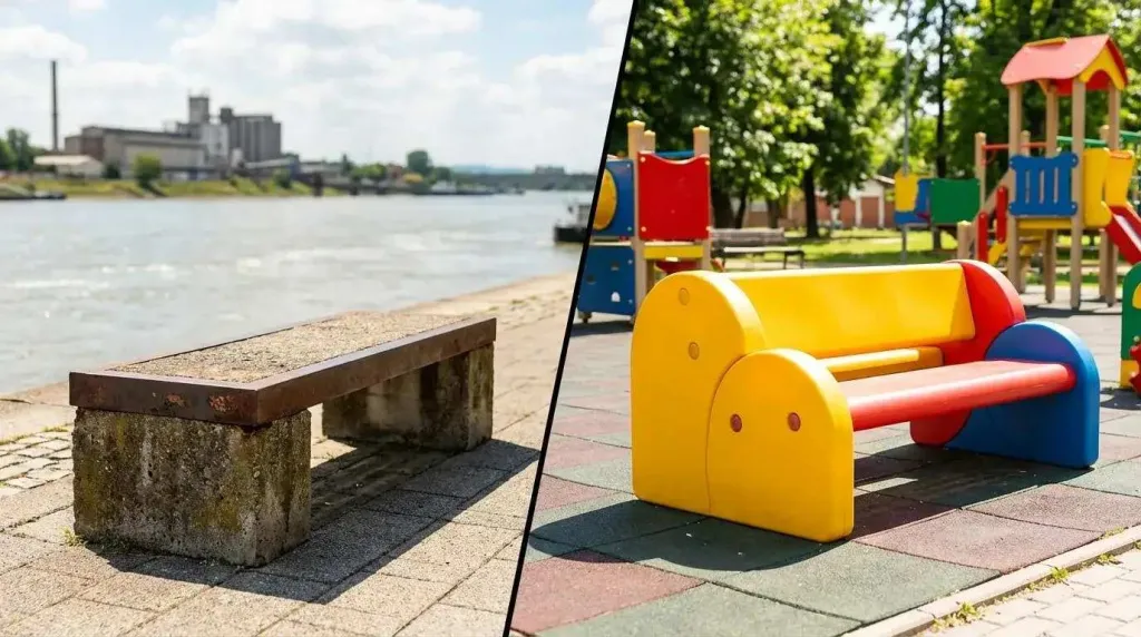 Скамейки для набережной из бетона и яркая безопасная скамейка на детской площадке