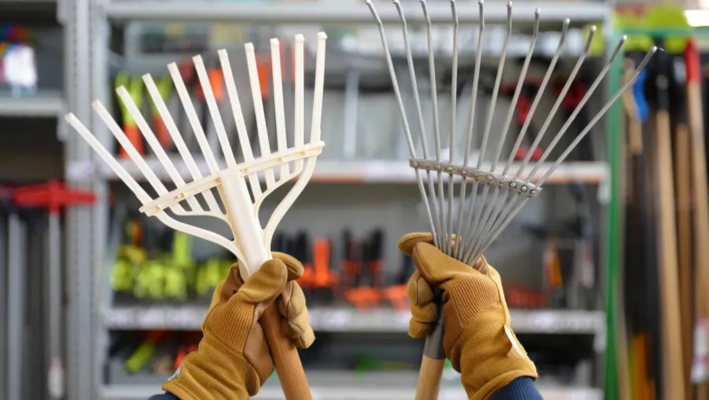 Человек в перчатках сравнивает зубья пластиковых и металлических грабель.