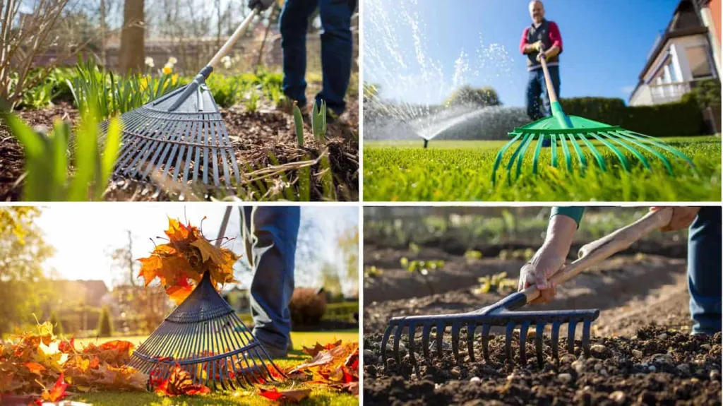 Разные виды грабель для работ в разные сезоны года.