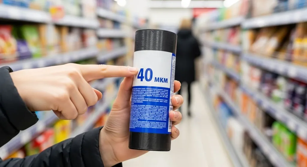 Человек указывает на маркировку плотности на упаковке рулона мусорных пакетов.