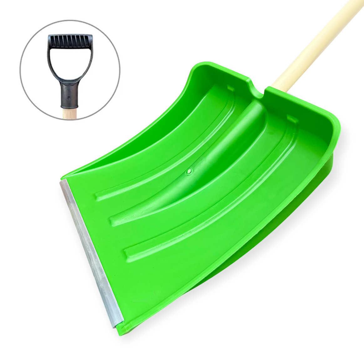 Комплект: Лопата снеговая пластиковая "Вьюга №3" Цветная, 380х365 мм, с алюм.пл. + Черенок + V ручка